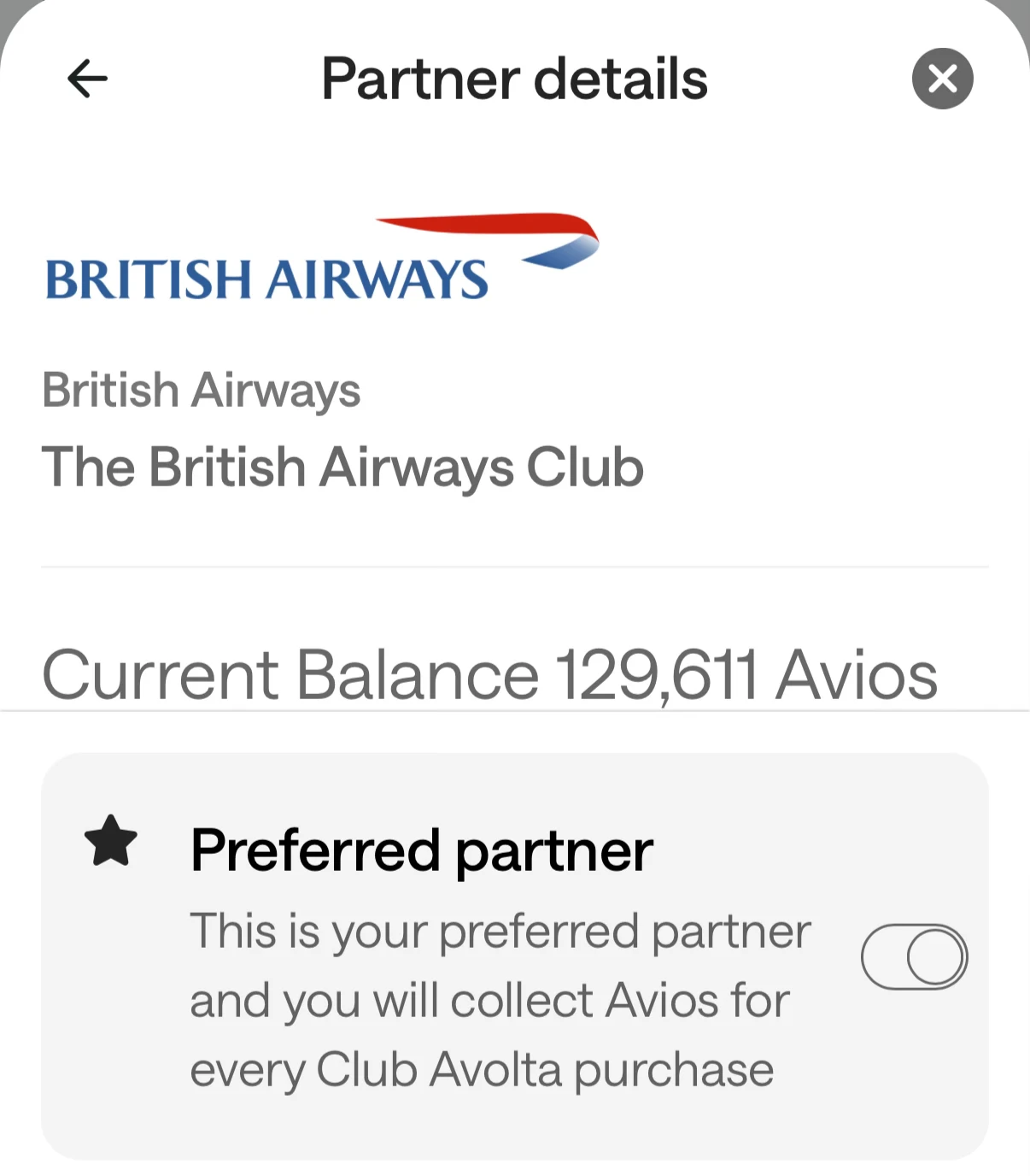 avolta-avios-partner-link-british-airways - Pointszilla Screenshot of the Avolta app showing a successful connection with British Airways