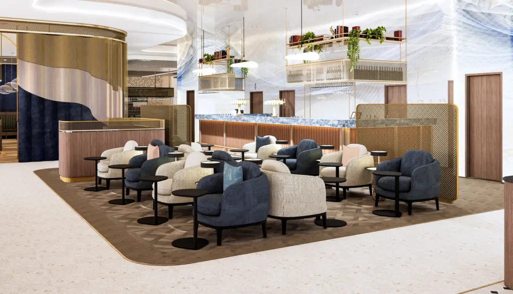 More seating with the bar space in the background You can see the Boll restaurant in the background left A photograph of seating, a bar, and a dining space in the Executive by Escape lounge at Manchester Airport.