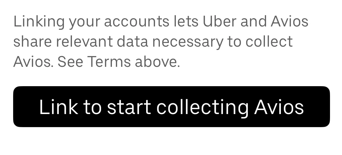 Screenshot of the Link to Avios button in the Uber app