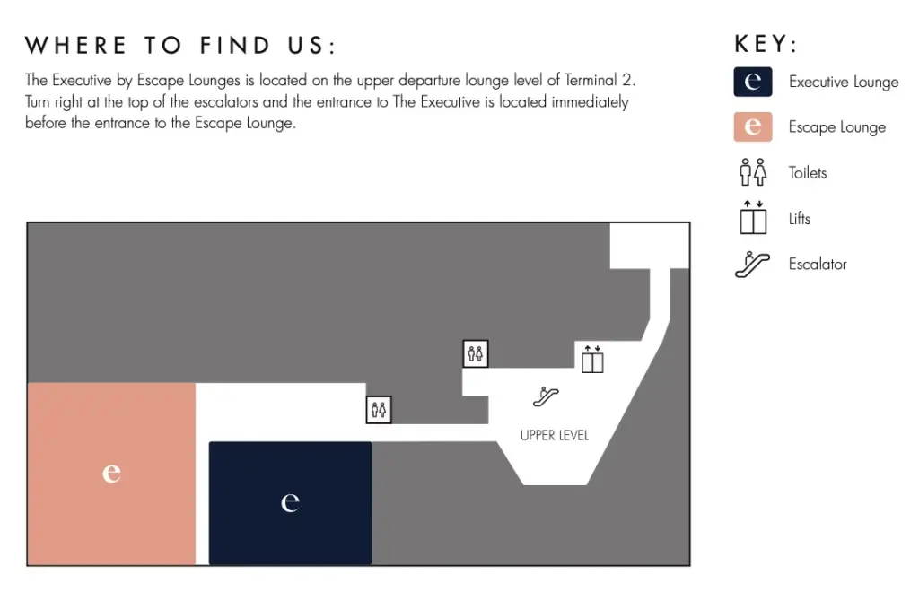 The new lounge in blue is shown next to the Escape lounge A map showing the location of the Executive by Escape lounge at Manchester Airport