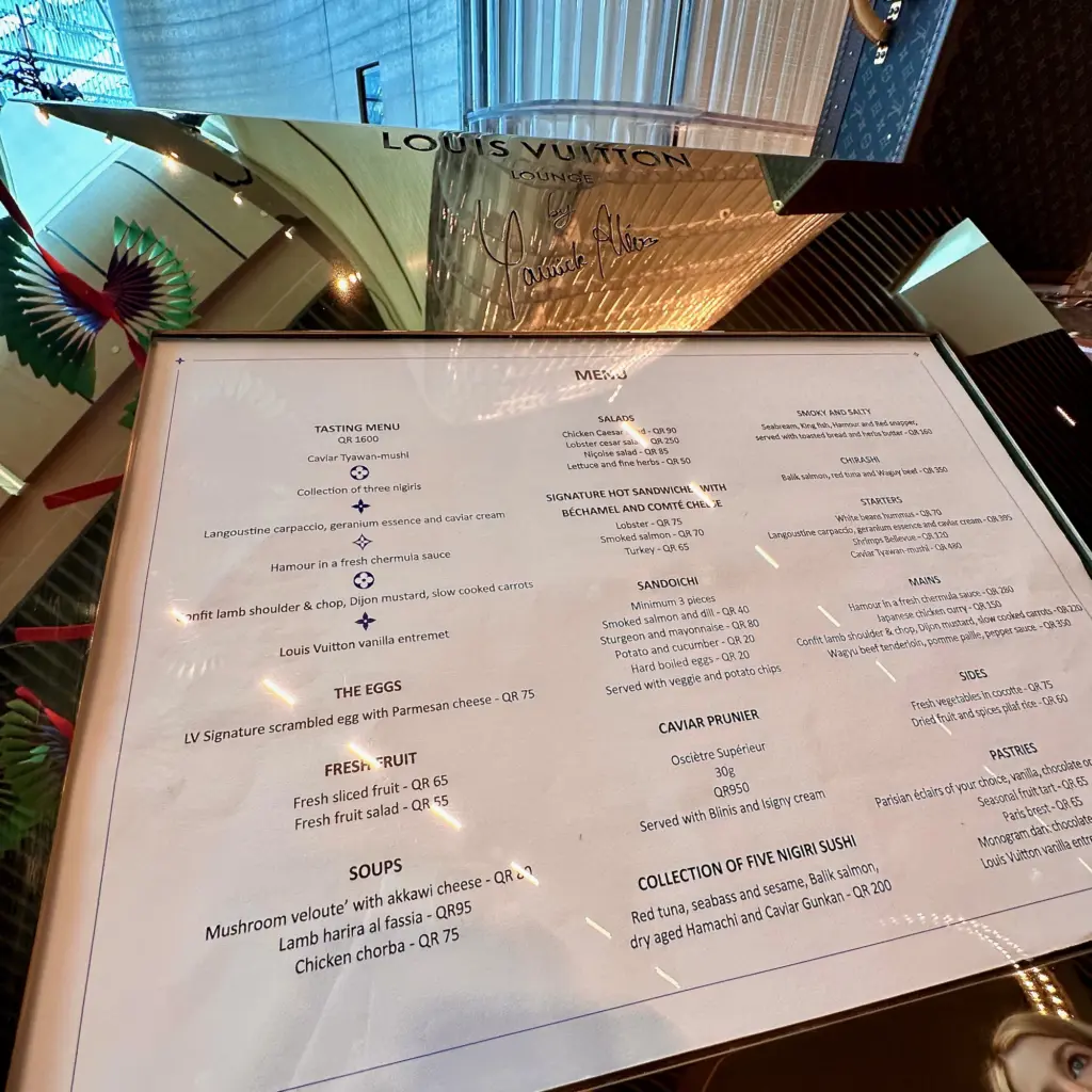 The Louis Vuitton Lounge menu The menu at the Louis Vuitton lounge in Qatar Airport