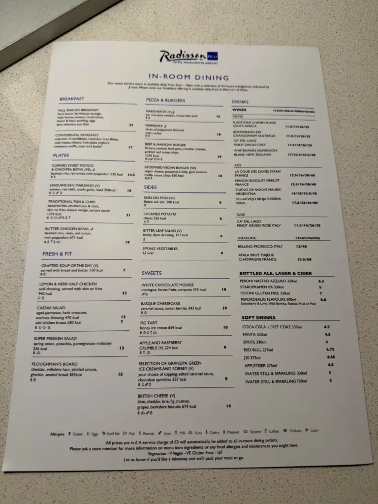 The limited room service menu at the Radisson The limited room service menu at the Radisson