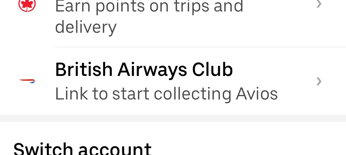 Screenshot of the Uber settings page