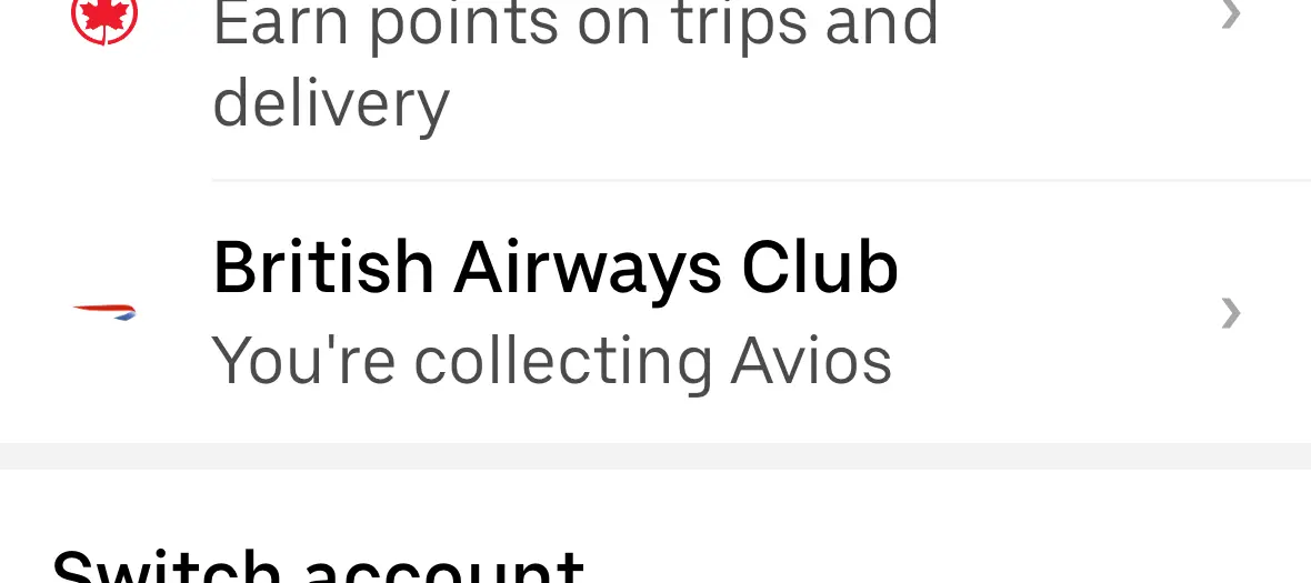 Screenshot showing confirmation that the Uber app is linked to the British Airways Club account.