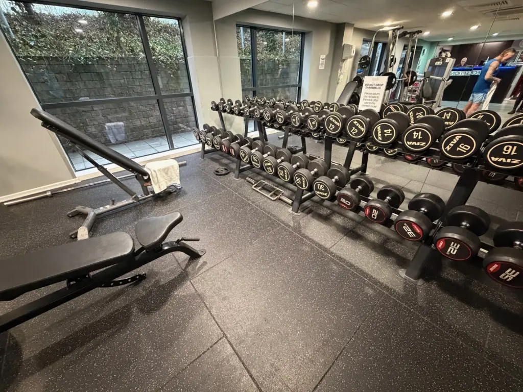 Gym corner with two-tier dumbbell racks, flat and incline benches, and large windows letting in natural light.