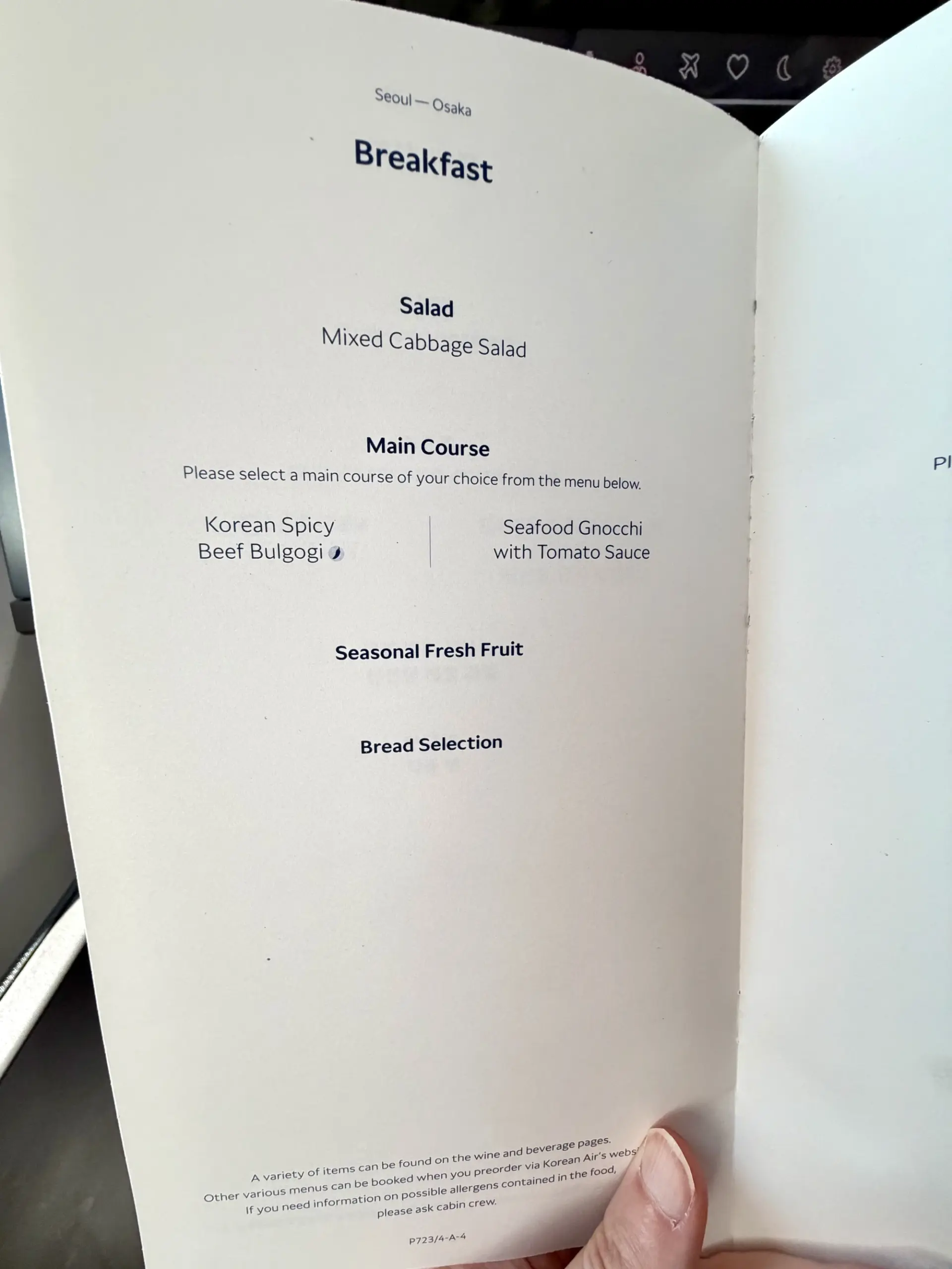 Breakfast options listed, but our flight was lunch