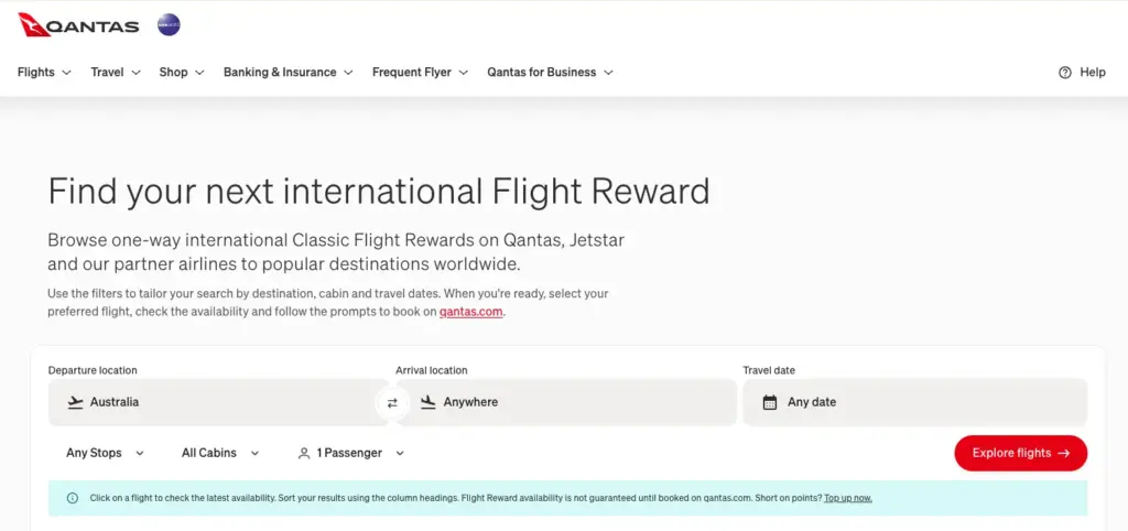 Qantas reward flight finder screenshot showing the filters