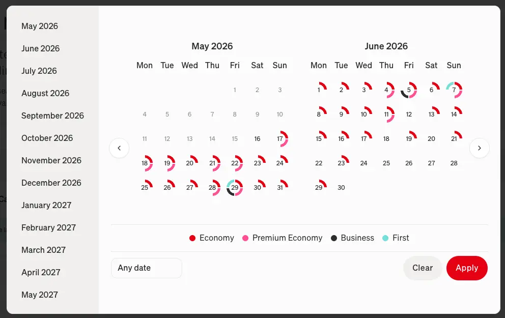 Screenshot showing the Qantas reward flight finder date selection box