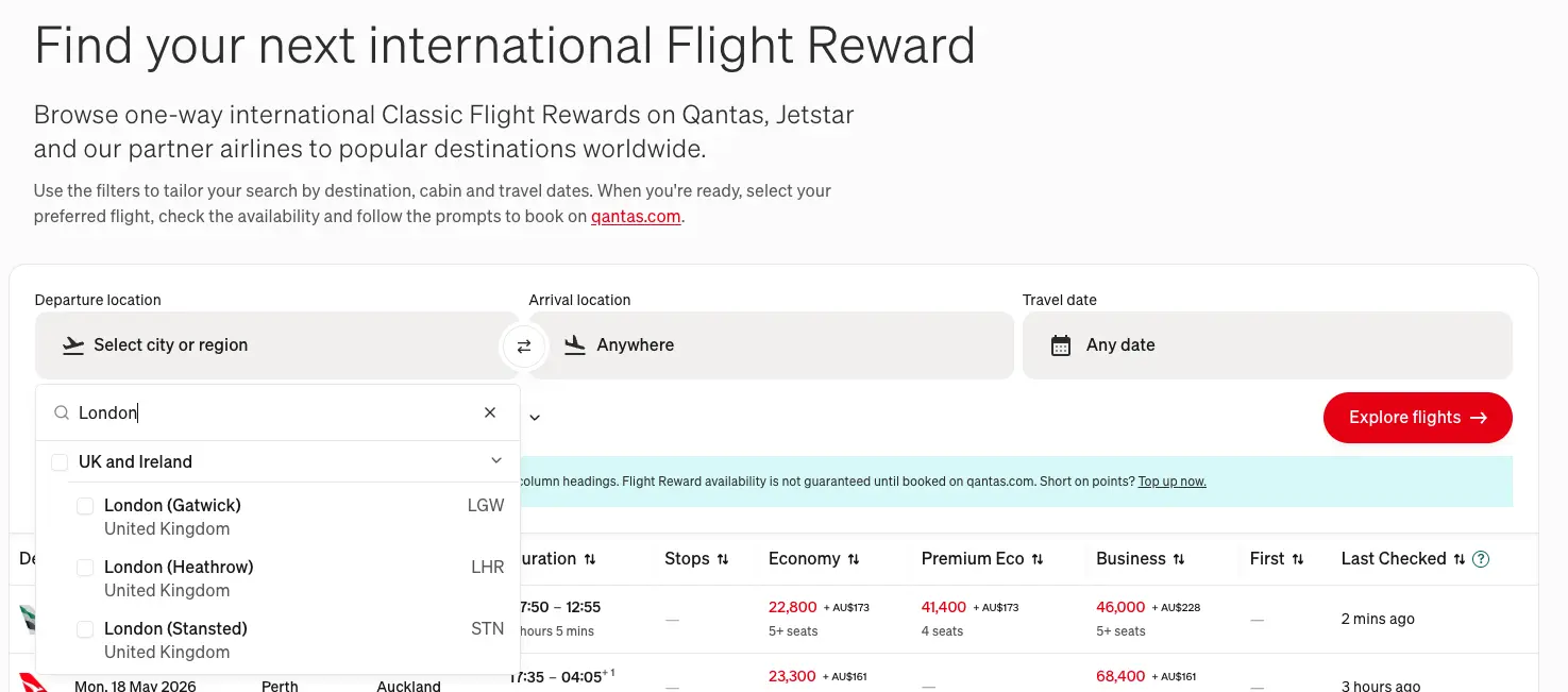 Screenshot showing the Qantas reward flight finder with filters