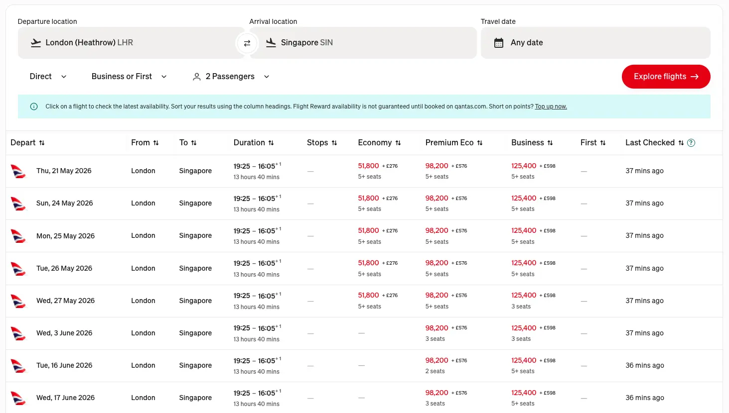 Screenshot showing the Qantas reward flight finder showing results