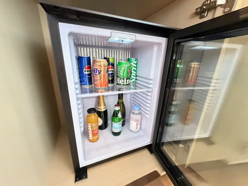 The mini bar with all items chargeable The mini bar with all items chargeable