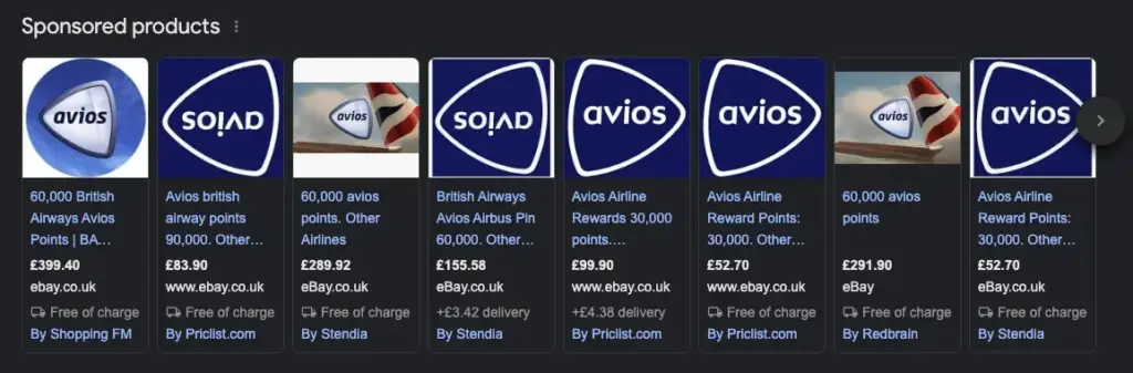 The Avios related auction listings on eBay