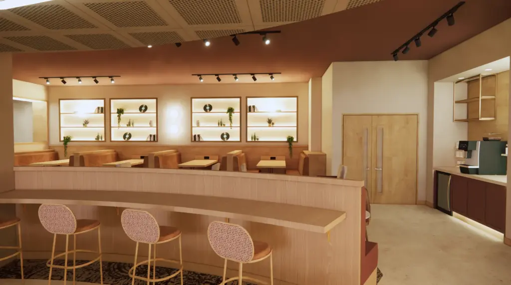 Booths and bar style seating with a muted and light decor