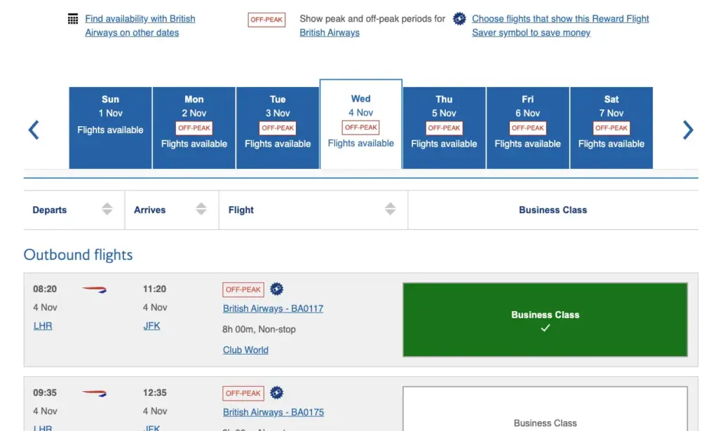 The BA flight selection page when youre using a Barclays Cabin Upgrade voucher
