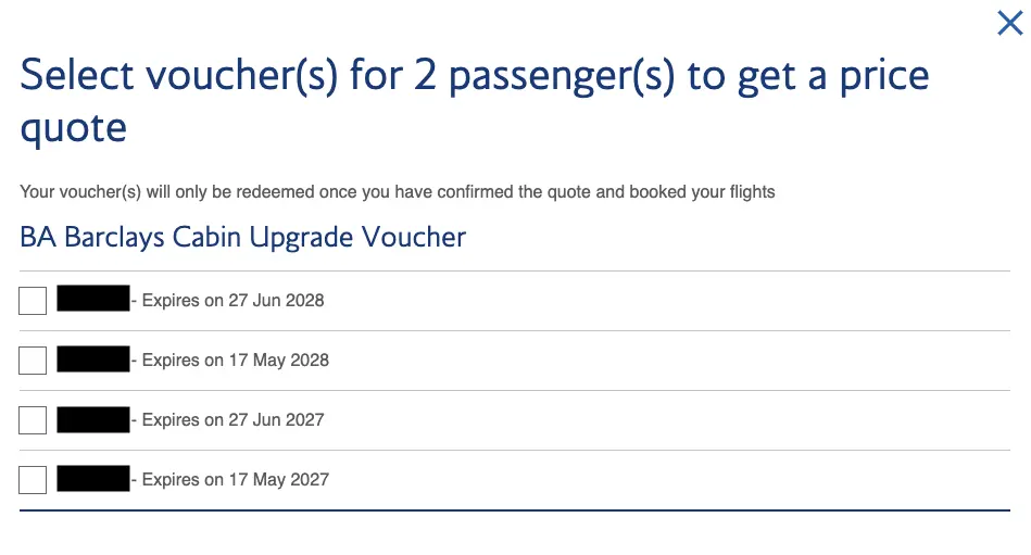 The voucher selection page after you choose a flight