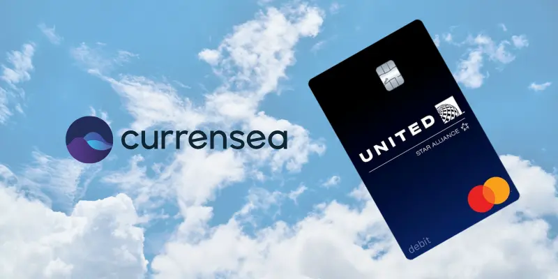 The Currensea United Airlines debit card An image showing the Currensea logo and their United Airlines debit card