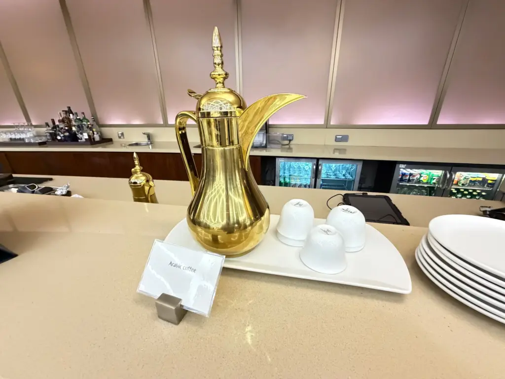 Help yourself to Arabic coffee at the self service bar area A photograph of Arabic Coffee inside the Emirates First lounge