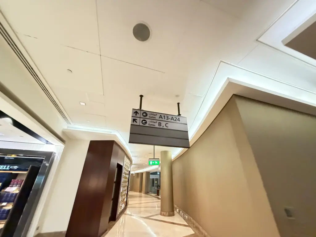 The lounge has direct boarding for 24 gates making it easy to get on your plane A photograph of gate signs in the Emirates first lounge
