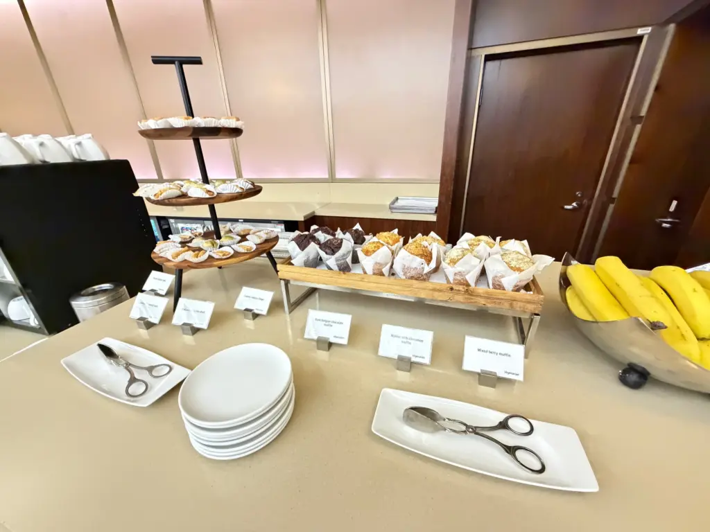 The pastries in the bar area that you can help yourself to A photograph showing pastries in the Emirates First Class lounge