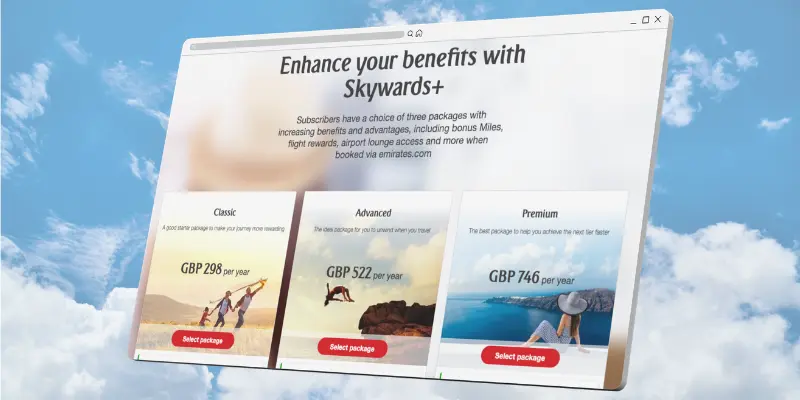 The Skywards+ subscription page A photograph showing the Emirates Skywards+ subscription page
