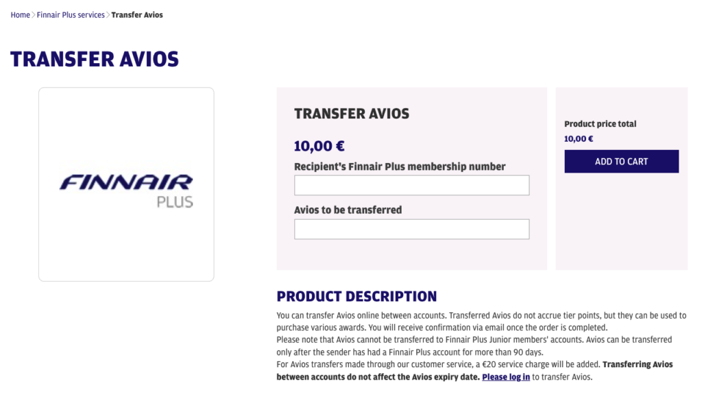 The transfer page on Avioscom The Avios transfer page on Finnair's website