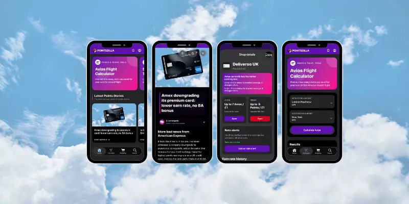 Screenshots of the Pointszilla app An image showing four different screens within the Pointszilla app on an Apple mobile phone