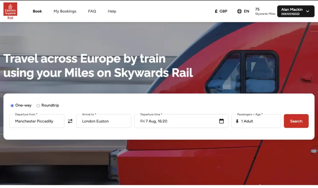 The Skywards Rail homepage with a simple search box
