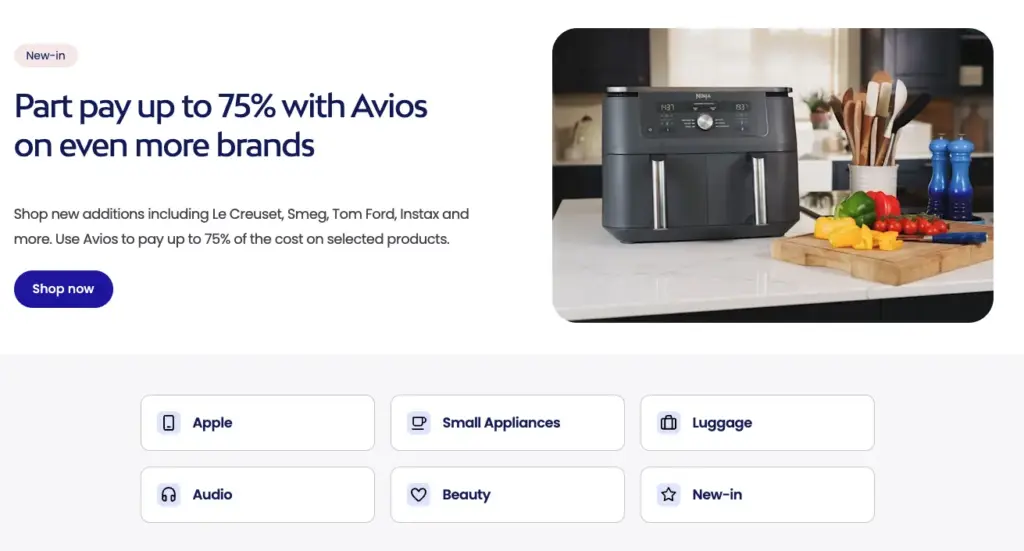 A screenshot of the Avios Shop homepage