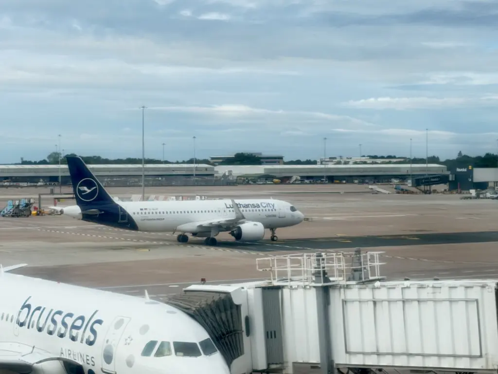 Our A320 for the day just before we boarded it A photograph of a Lufthansa A320 at Manchester Airport, England
