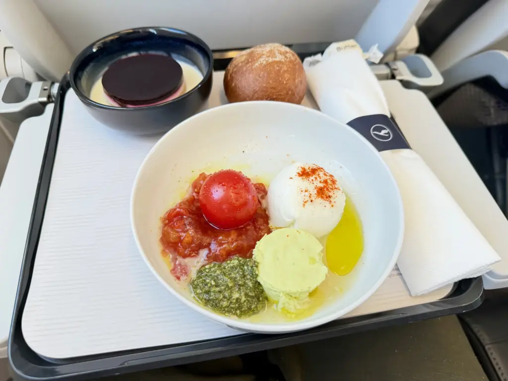 Our lunch with Lufthansa A photograph of a business class meal on board a Lufthansa flight