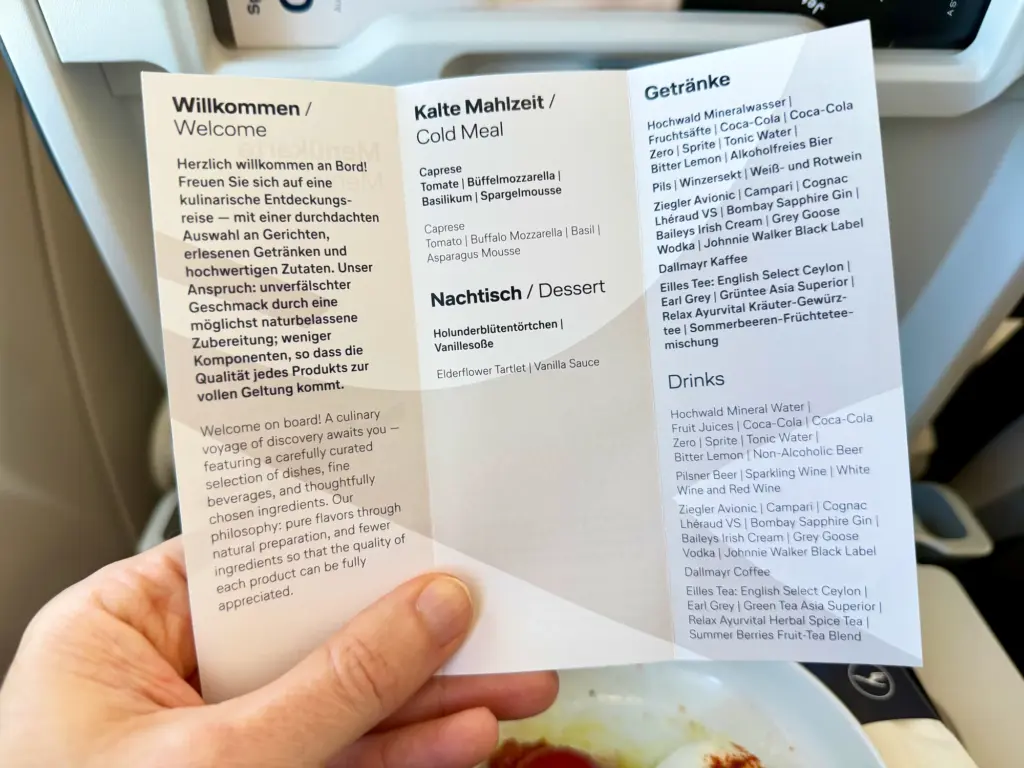 The lunchtime menu on a Lufthansa short haul A photograph of the business class menu aboard a short haul Lufthansa flight