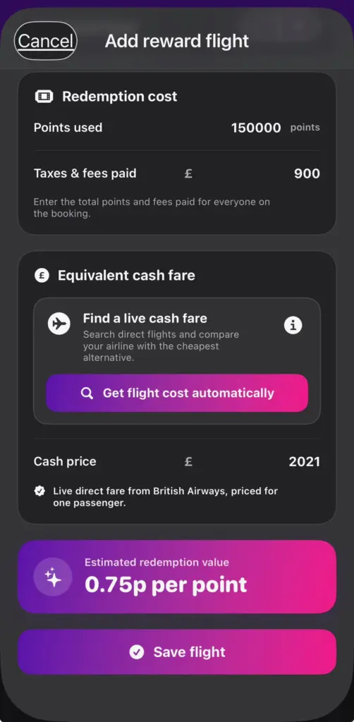A screenshot of the add reward flight process A screenshot of the Pointszilla app showing the end of the add reward flight process