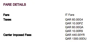 A screenshot showing the taxes levied on a Qatar flight