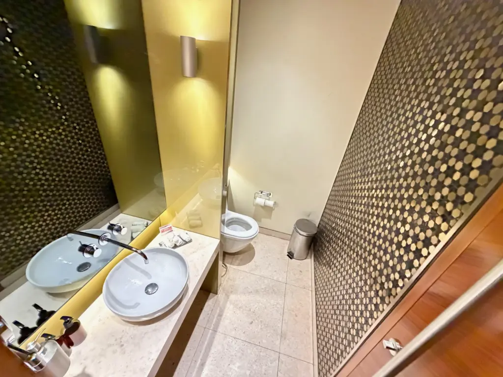 The bathroom inside the lounge Not bad but needs a refresh A photograph of the bathroom inside the Qatar lounge