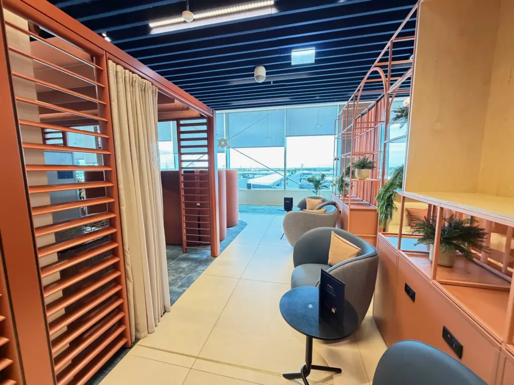 A photograph of seating in the Executive Lounge with views in the background