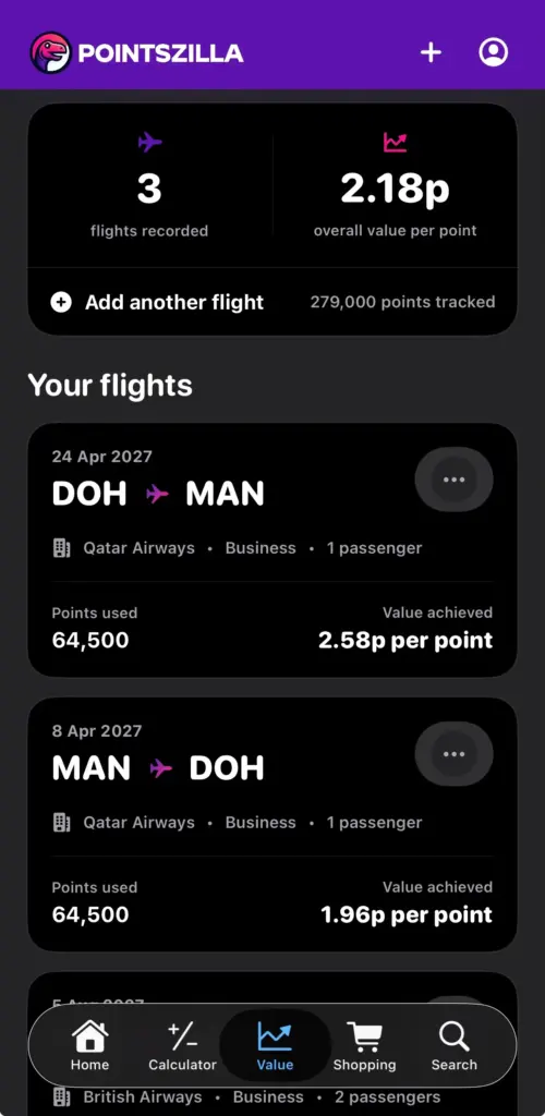 The homepage of the Value section of the app with your total points value shown A screenshot showing the Pointszilla app with a list of reward flights that have been added, and a running total of the value you have achieved from your points.