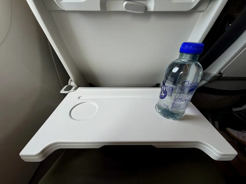 My pre flight drink was a bottle of water A photograph of a tray table with a water bottle on it
