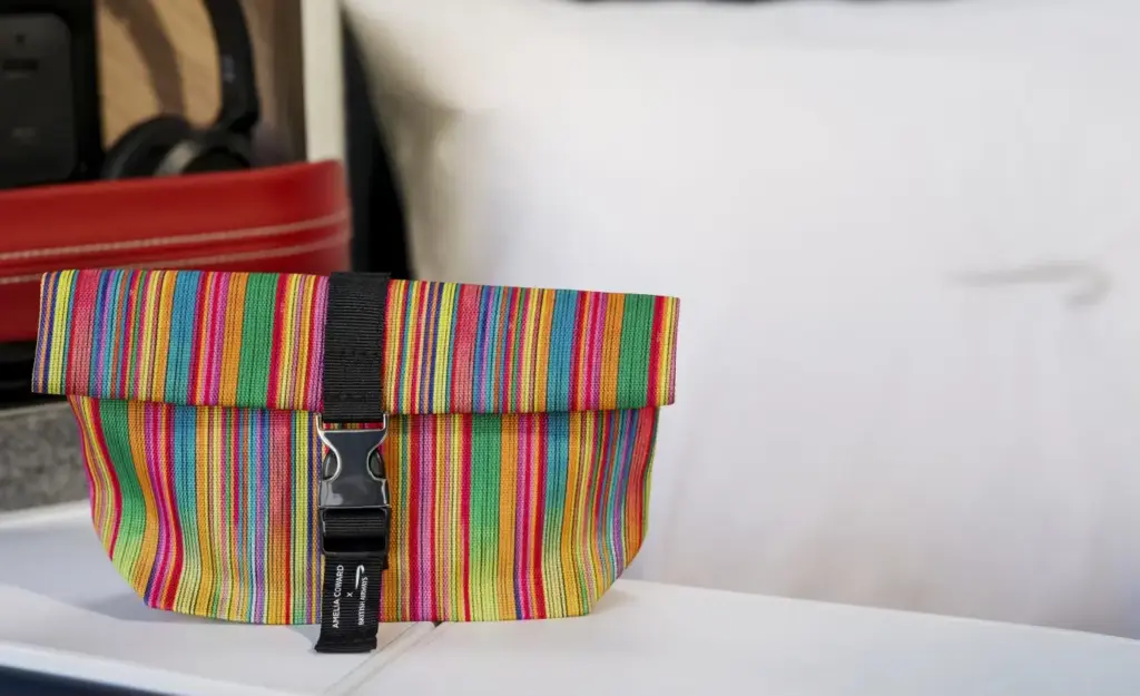 An interesting colour scheme and amenity kit style A photograph of the new amenity kit for the refreshed A380
